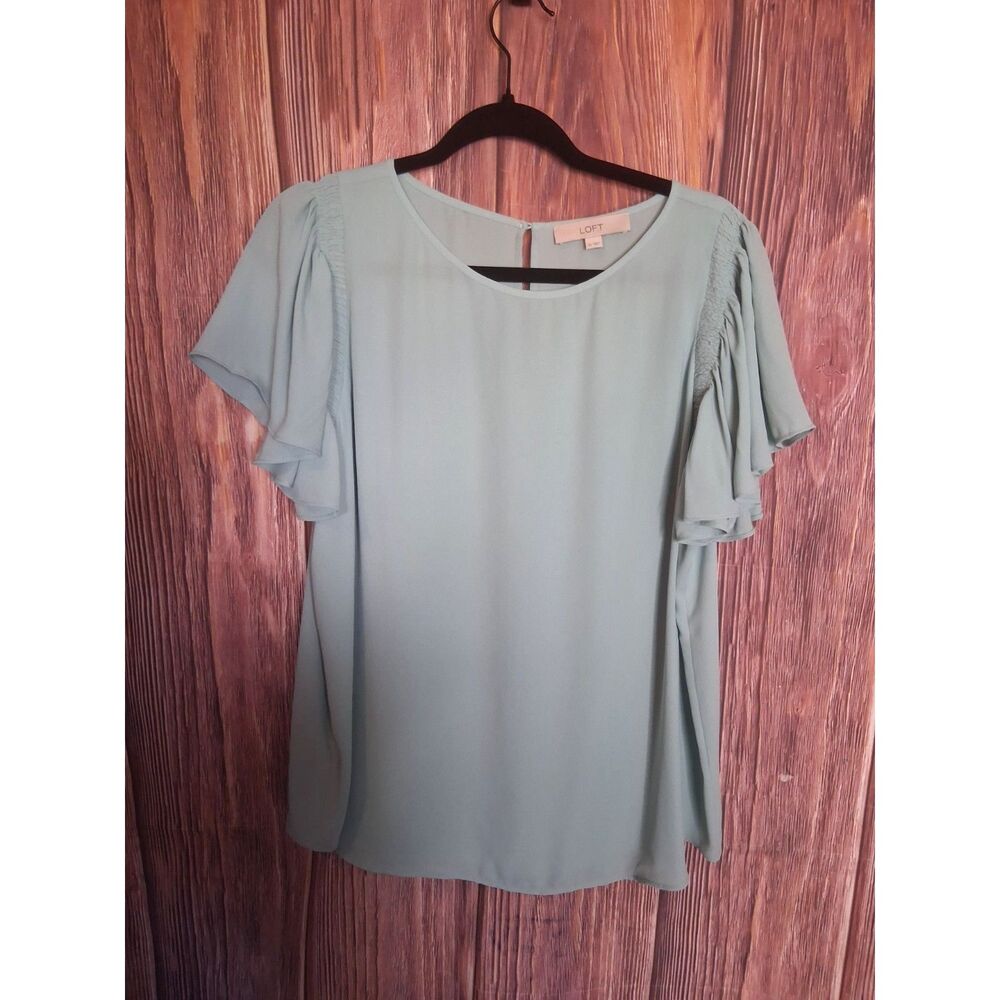 LOFT Mint Green Ruffle Flutter Sleeve Blouse Smocked Shoulder Keyhole Top XL